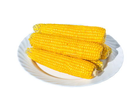 Boiled corn on a white plate isolated on white background. Corn cobs.