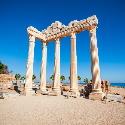 Temple of Apollo at the ancient city of Side in Antalya region on the Mediterranean coast of Turkey.