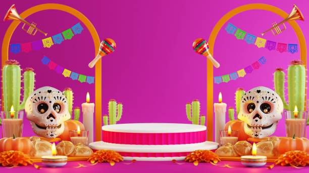 istock 3d rendering illustration for Day of the Dead, Dia de muertos altar concept. Composition of cute sugar skulls, white candles, marigold flowers of the dead. 3d illustration. 1682187935
