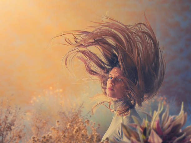 風が強い日 - blond hair overcast sun sky ストックフォトと画像