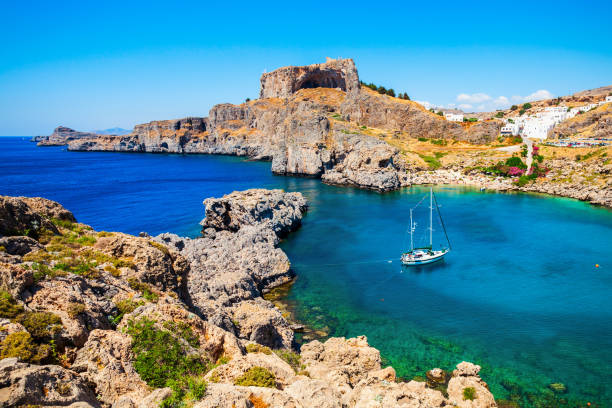 Saint Paul's Beach and Lindos Acropolis aerial panoramic view in Rhodes island in Greece