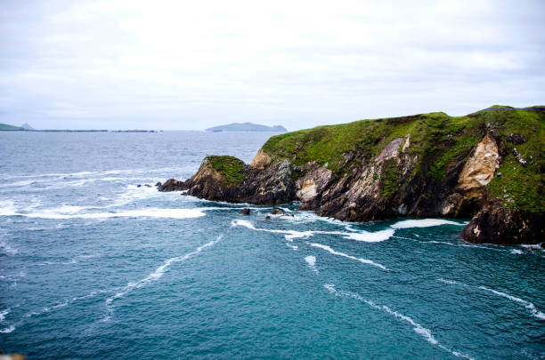 landscape of Blasket Island, and island near Dingle in Dingle peninsula. Cliffs, atlantic ocean and beautiful green vegetation