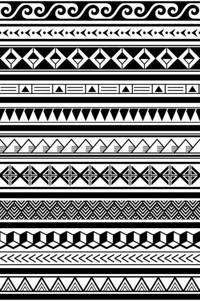 Vector illustration of Hawaian tribal seamless vector pattern long, textile or fabric print in black and white inspired by tatoo art from Polynesia