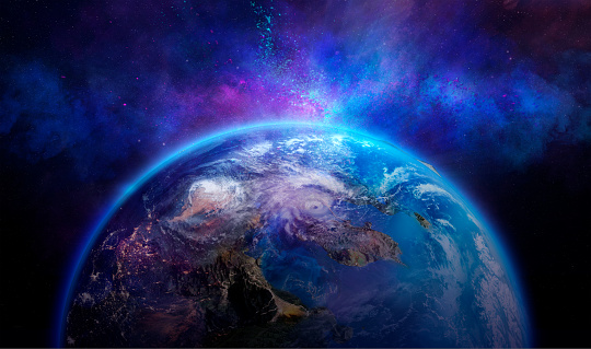 Planet Earth 3D globe with atmosphere and city lights from the deep space at night. Textured collage mixed media design illustration with Earth, stars, nebula, galaxy. Some elements of this image furnished by NASA