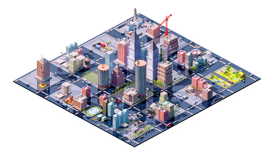 Modern isometric city plan, 3d location map with living houses, skyscrapers, industrial buildings, power plant, city landmarks, streets traffic. Three-dimensional megapolis infographic design template