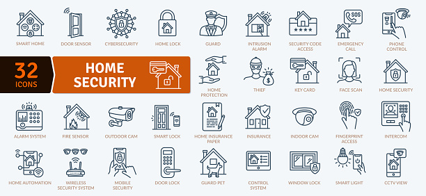 Home security icons pack includes both the security hardware placed on a property and individuals personal security practices. Security hardware includes doors, locks, alarm systems, lighting, motion detectors, and security camera systems.