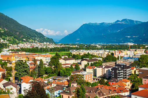 Bellinzona city aerial panoramic view, Ticino canton of Switzerland