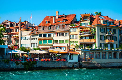 Beauty houses near the Aare river in Thun old town in Switzerland