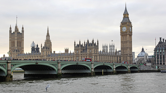 London, United Kingdom - January 26, 2013: Westminster Bridge Over River Thames Houses of Parliament and Big Ben Clock Tower British Landmarks in Capital City Winter Day.