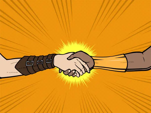 Vector illustration of Vector Pop Art Female Gladiator Handshake Stock Illustration