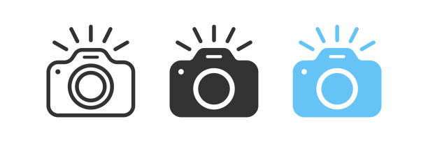 ilustrações de stock, clip art, desenhos animados e ícones de take photo icon. camera signs. photography flash symbol. phone picture symbols. photocamera icons. black, blue color. vector sign. - interface icons flash