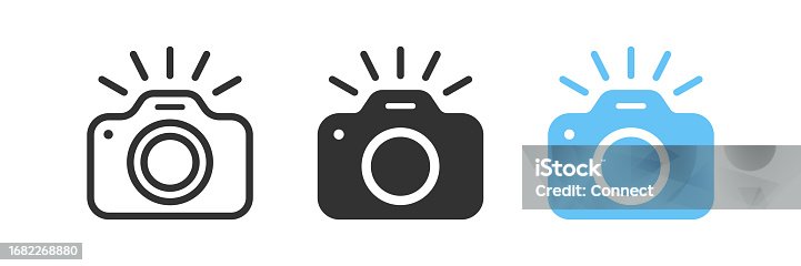 istock Take photo icon. Camera signs. Photography flash symbol. Phone picture symbols. Photocamera icons. Black, blue color. Vector sign. 1682268880