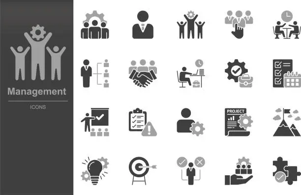 Vector illustration of Management Icons set.manager, Business teamwork, strategy, marketing, business, planning, training, employee, Business organisation, Project management, Time management, work group, human resources.