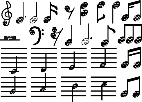 Character set of musical note symbols with cute faces