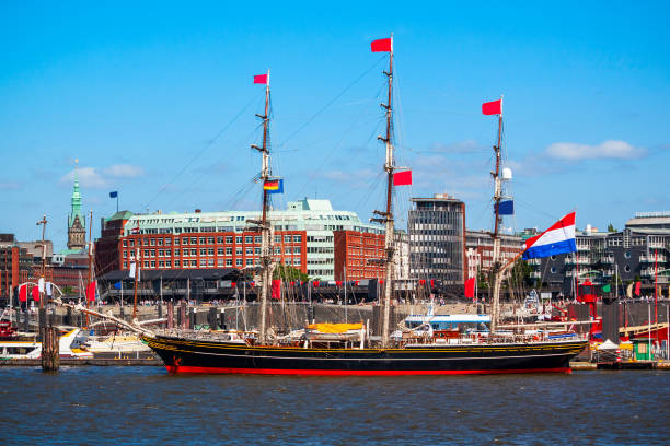 Hamburg city centre and Elbe river with boats in Germany
