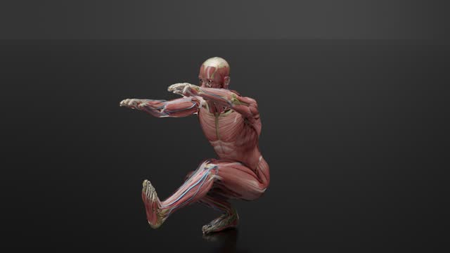 loop animation of man performing pistol squat, human muscle anatomy, Bodybuilding gym exercising, male home workout, strengthens lower body, Fitness, gym, muscles and bones, 3d render