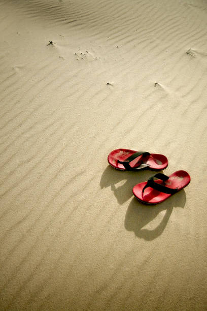 Summer concept. A pair of blue slippers on red background. Flip flops. Top view. Sand and sea or pool-like image.