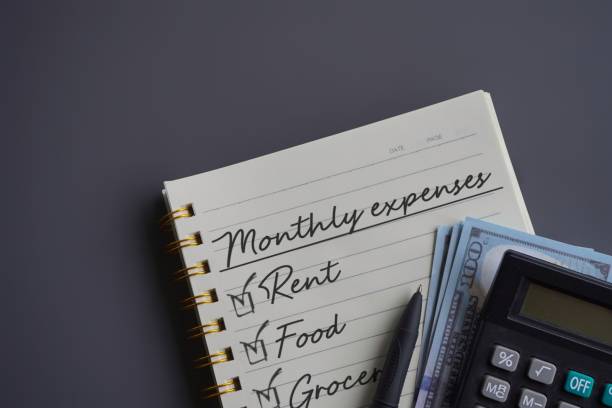 istock Top view image of notebook with text MONTHLY EXPENSES, money and calculator. 1682317496