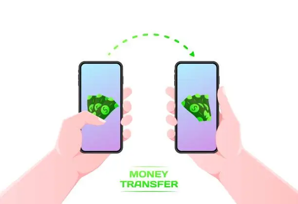 Vector illustration of Money transfer on phones. Flat, color, phone in hand, money transfer, phone screen. Vector illustration