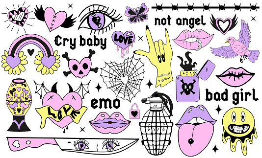 Y2k 2000s cute emo goth aesthetic stickers, tattoo art elements and slogan. Vintage pink and black gloomy set. Gothic concept of creepy love. Vector illustration.