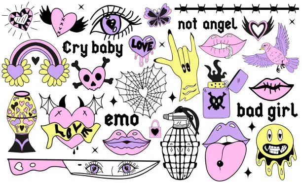 Vector illustration of Y2k 2000s cute emo goth aesthetic stickers, tattoo art elements and slogan. Vintage pink and black gloomy set. Gothic concept of creepy love. Vector illustration