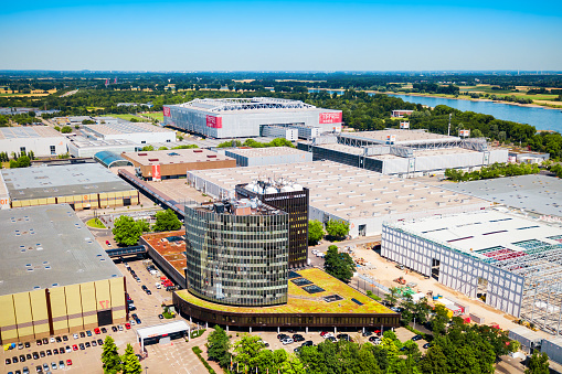 DUSSELDORF, GERMANY - JULY 02, 2018: Dusseldorf Messe trade fair ground and Esprit arena stadium in Dusseldorf city in Germany