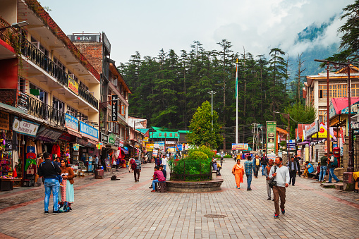 MANALI, INDIA - SEPTEMBER 27, 2019: The Mall is a main pedestrian street in Manali town, Himachal Pradesh state of India