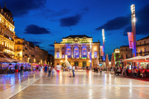 MONTPELLIER, FRANCE - SEPTEMBER 21, 2018: Fountain of the Three Graces at the Place de la Comedie, main square in Montpellier city in southern France