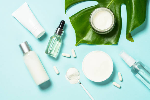 istock Collagen powder dietary supplement at blue. 1682330759