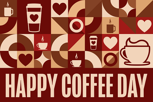 Happy Coffee Day. Holiday concept. Template for background, banner, card, poster with text inscription. Vector EPS10 illustration