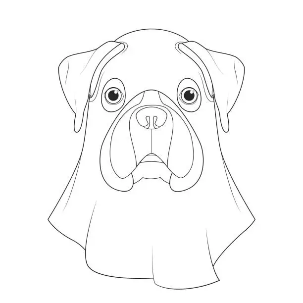 Vector illustration of Halloween greeting card for coloring. Boxer dog dressed as a ghost