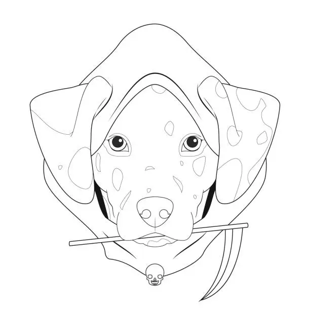 Vector illustration of Halloween greeting card for coloring. Dalmatian dog dressed with hood and a small scythe in the mouth