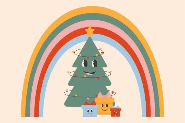 Vector illustration of Vector Groovy hippie Christmas. Rainbow, Christmas tree, gift boxes in trendy retro cartoon style.