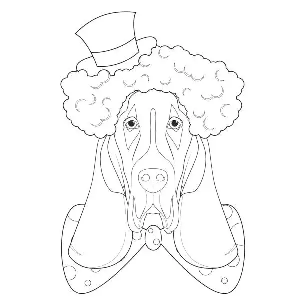 Vector illustration of Halloween greeting card for coloring. Basset Hound dog dressed as a scary clown