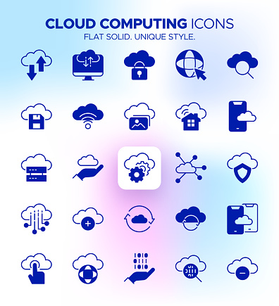 Cloud Computing Icon Set - This collection features 25 icons representing essential aspects of cloud computing. Icons include Cloud Services, Cloud Storage, Cloud Security, Public Cloud, Private Cloud, Hybrid Cloud, Data Center, Scalability, Virtualization, Cloud Network, Infrastructure, and Cloud Deployment. These icons are perfect for illustrating various cloud-related concepts and services. English description for a set of 25 icons focusing on cloud computing.