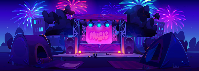 Night outdoor music festival concert stage in park vector illustration. Open air event with fireworks, neon light and camping tent. Musician rock show performance with cityscape cartoon background