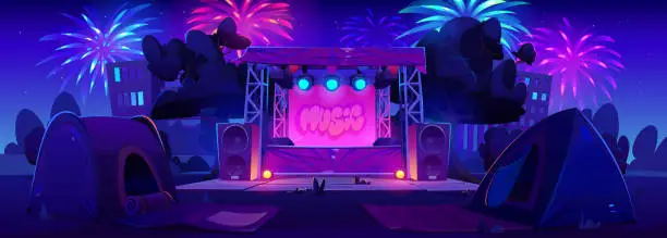 Vector illustration of Night outdoor music festival concert stage in park