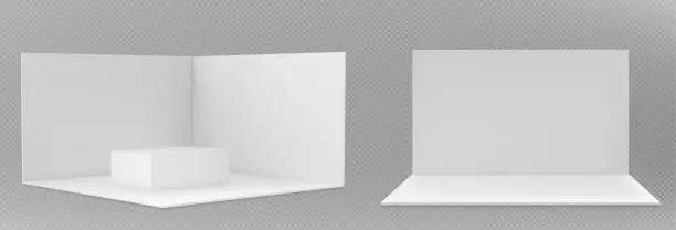 Vector illustration of 3d promotional event stand booth white wall mockup