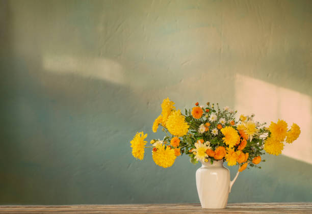 istock yellow and white chrysanthemum in white jug on wooden table 1682368676