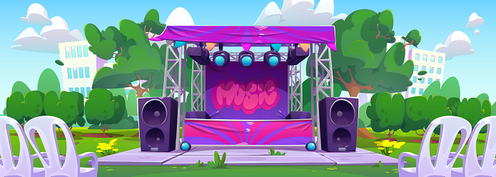Festival music concert stage outdoor public party vector illustration. Open air street performance with band on summer wedding celebration. Live musician rock entertainment activity cartoon background