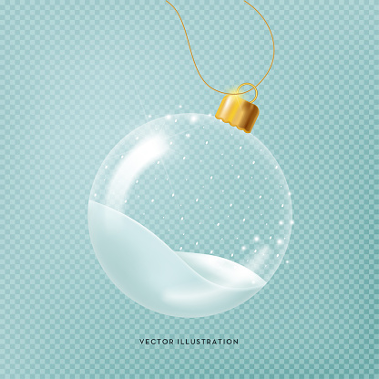 Transparent Christmas ball with snow inside. Vector illustration in realistic 3D style