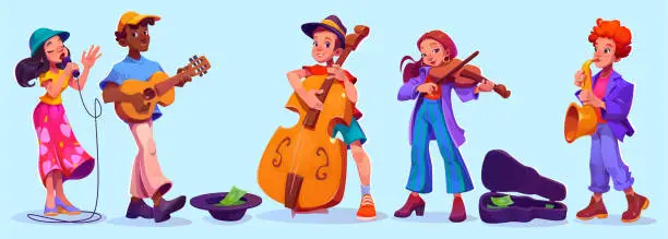 Vector illustration of Street musician band, singer vector illustration