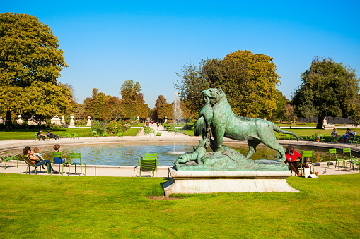 PARIS, FRANCE - SEPTEMBER 12, 2018: Tuileries Garden or Jardin des Tuileries is a public garden located near the Louvre in Paris, France