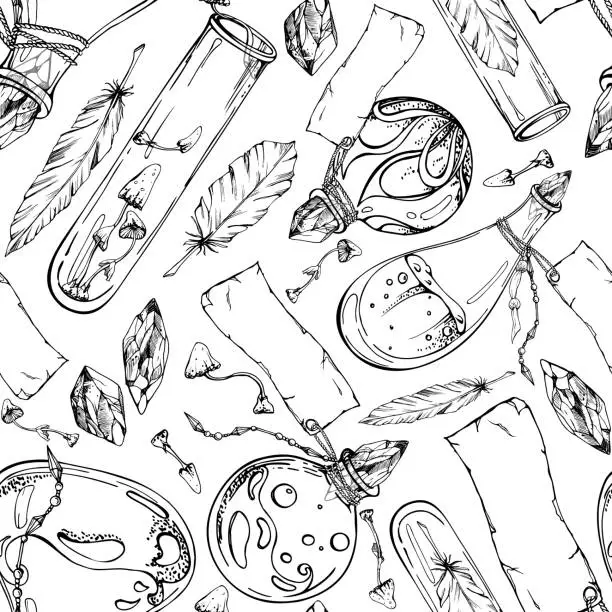 Vector illustration of Hand drawn ink vector witch glass potion vials, poison mushrooms, crystals, feathers. Illustration art Halloween occult witchcraft. Seamless pattern. Design shops, logo, print, website, card, booklet