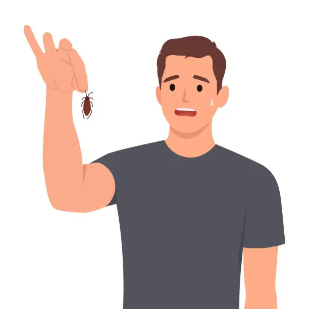 Vector illustration of Young crazy bearded and expressive man holding an insect or cockroach with the fingers.