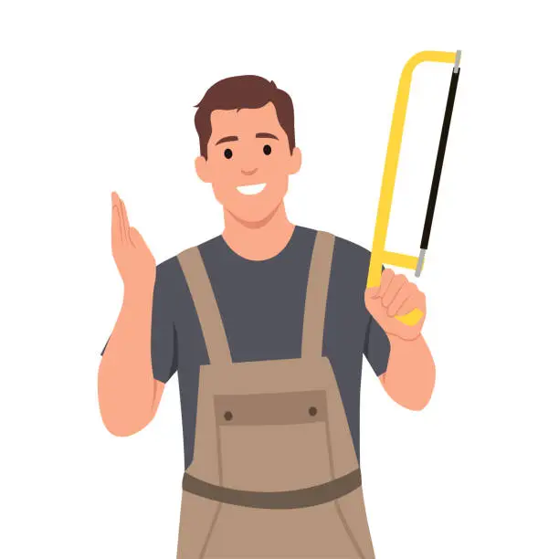 Vector illustration of Young man worker in brown overall outfit holding hacksaw.