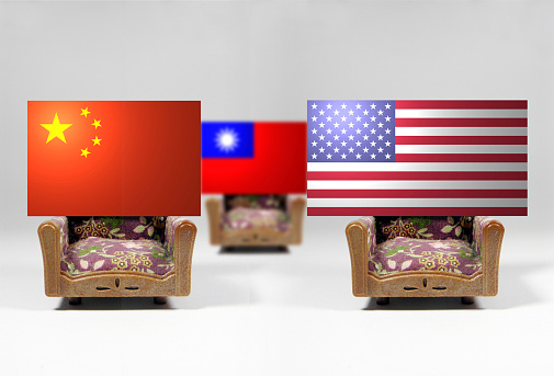 The American flag, the Chinese flag and the Taiwanese flag are all made of chairs. Conceptual map depicting Taiwan's sovereignty. Basemap and background concept. Double exposure hologram.
