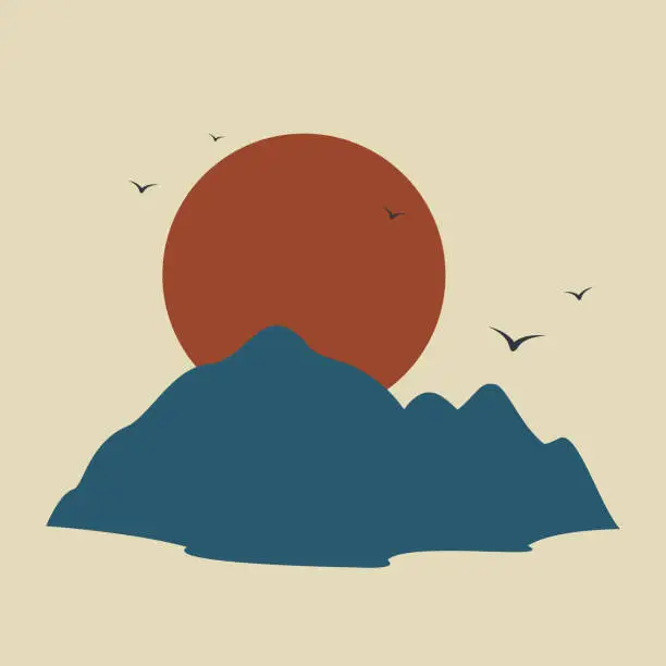 Vector illustration of Japanese sunrise landscape postcard illustration. Morning mountains and water