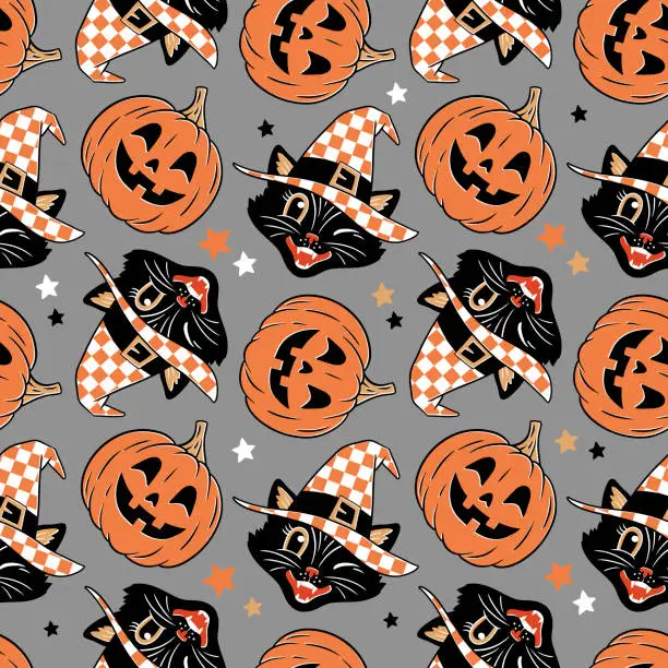 Vector illustration of Hand drawn seamless vector pattern with vintage Halloween black cat and pumpkin. Perfect for textile, wallpaper or print design.