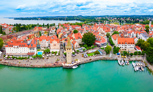 Lindau aerial panoramic view. Lindau is a major town and island on the Lake Constance or Bodensee in Bavaria, Germany.